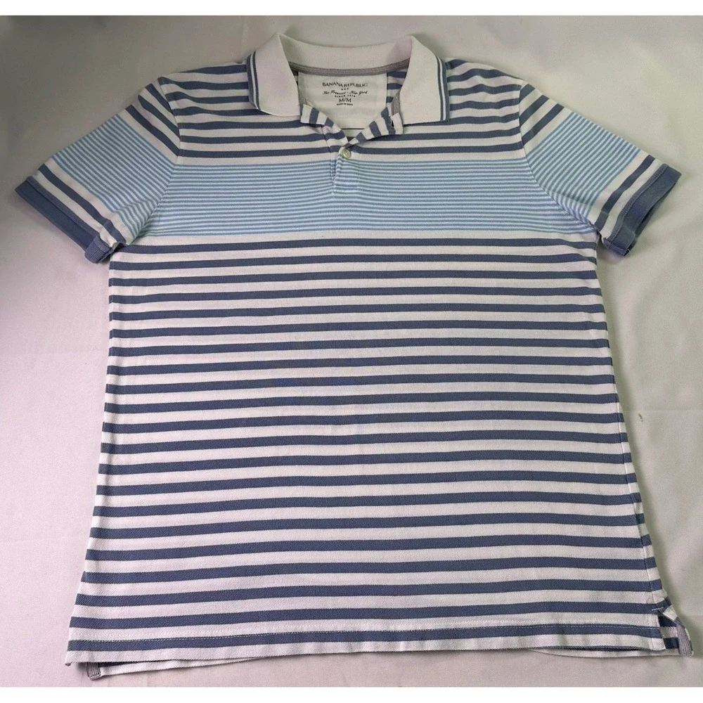 Banana Republic Men's Polo Shirt Medium White Blue Striped Pique Cotton Preppy M